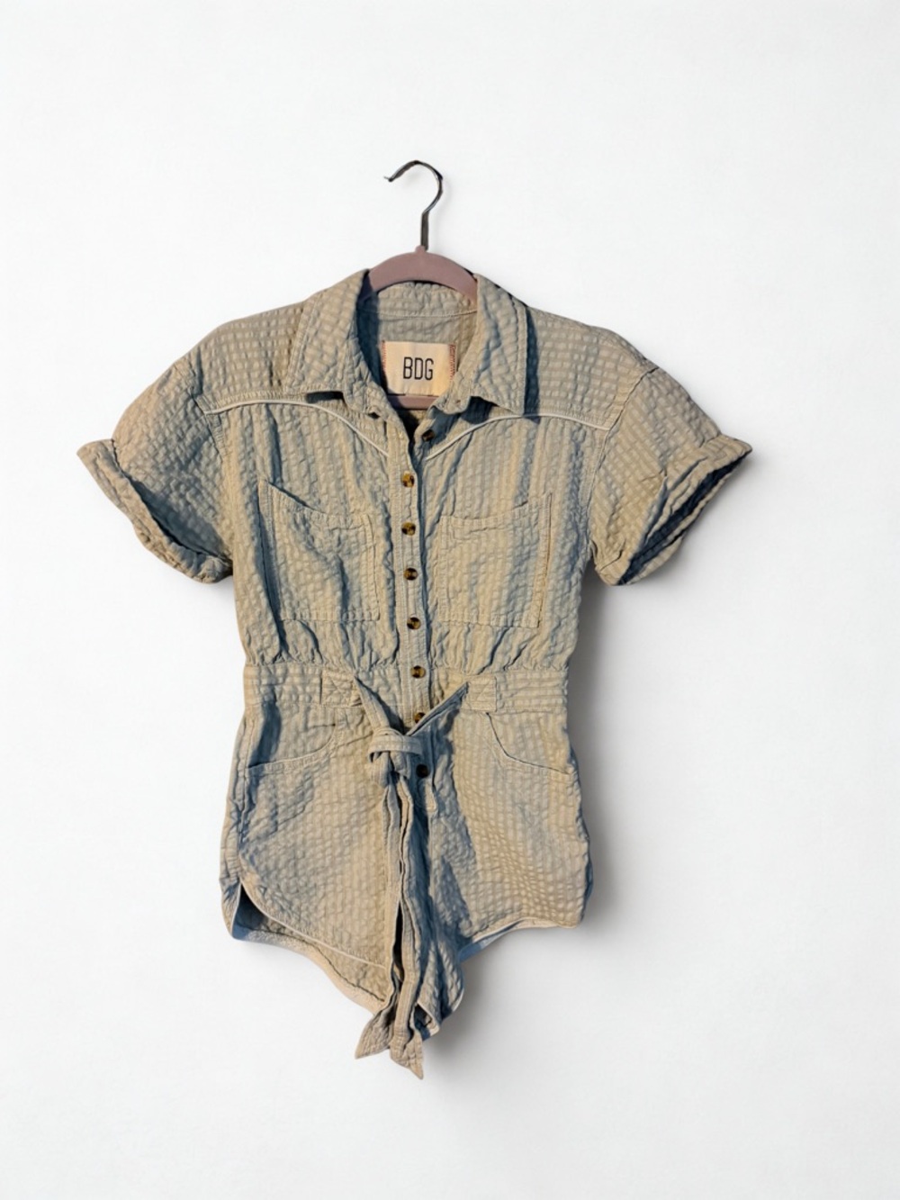 Urban Outfitters-BDG Light Blue Short-Sleeve Tie-Waist Romper